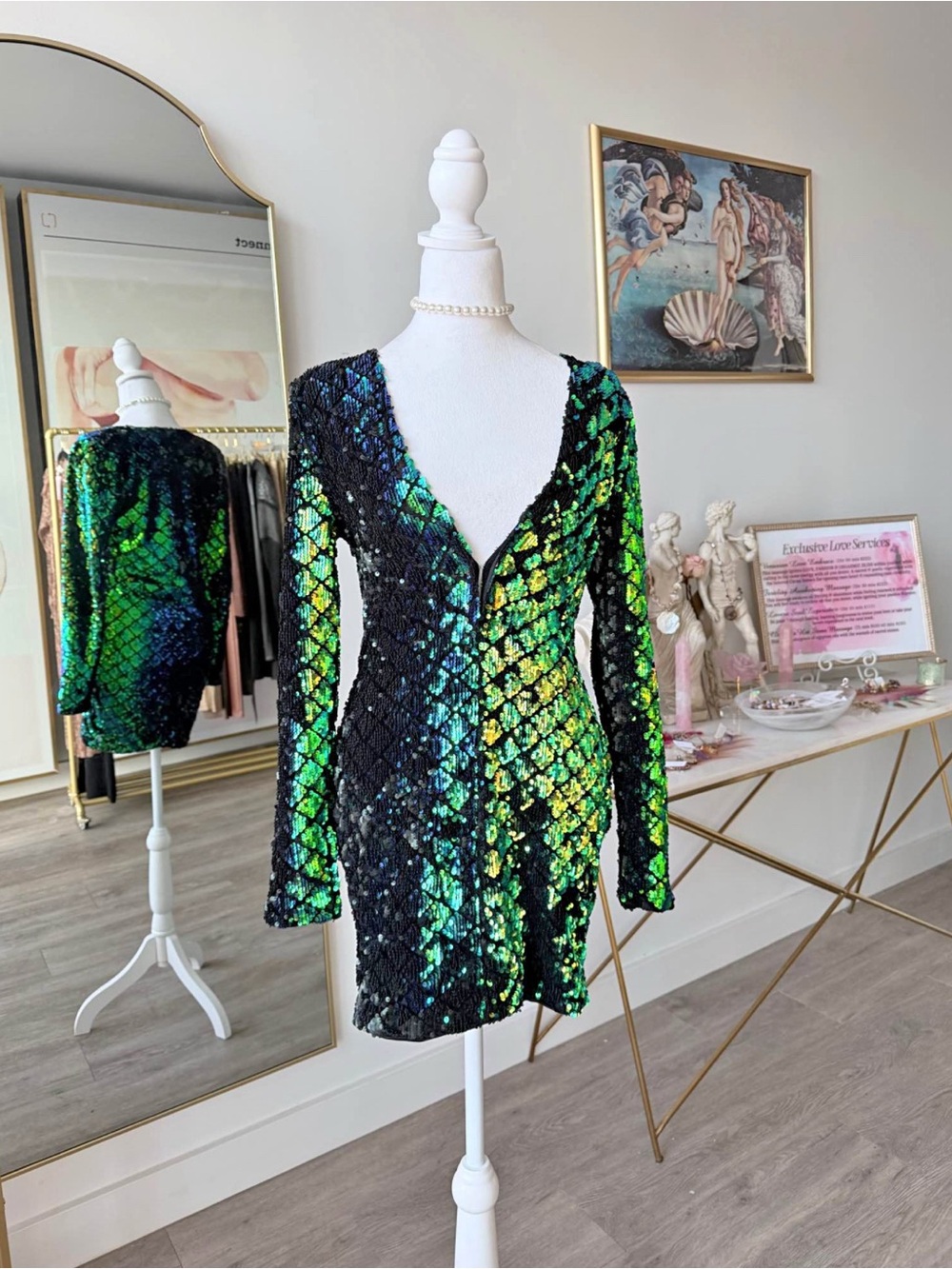 Lac Bleu Green-Blue Iridescent Sequin V-Neck Dress | Medium